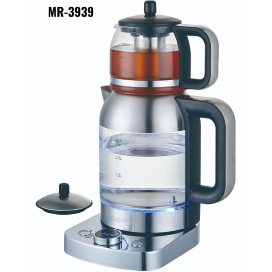 چای ساز مایر مدل MR3939 ظرفیت کتری ۲ لیتر و قوری ۱ لیتر شیشه ای